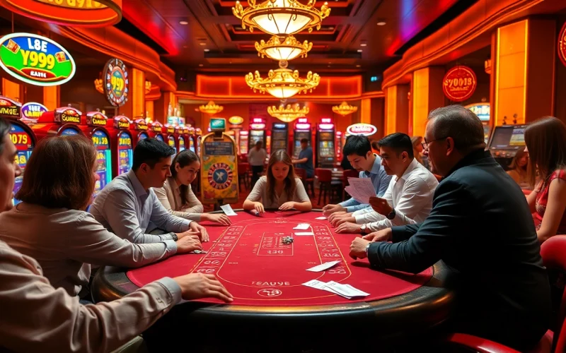 Players enjoying the Y999 Game at an exciting poker table in a lively casino atmosphere.