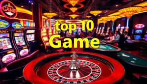 Engage with the top 10 game bài đổi thưởng at a bustling casino with roulette and poker tables.