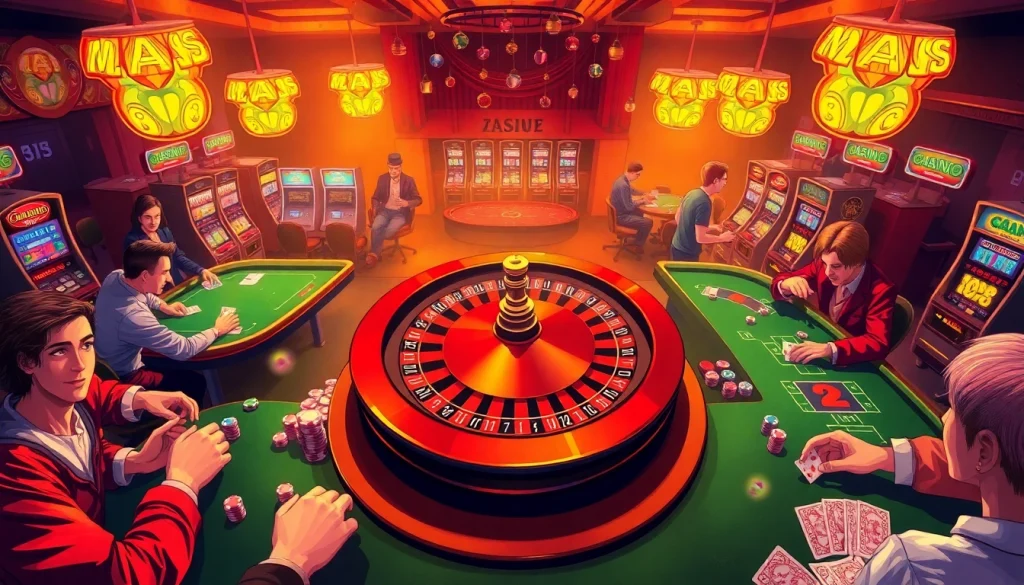 Exciting casino gameplay at 789P with players at poker tables and vibrant slot machines.