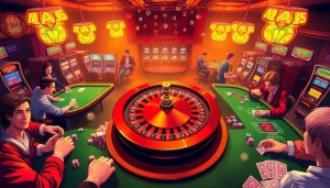 Exciting casino gameplay at 789P with players at poker tables and vibrant slot machines.