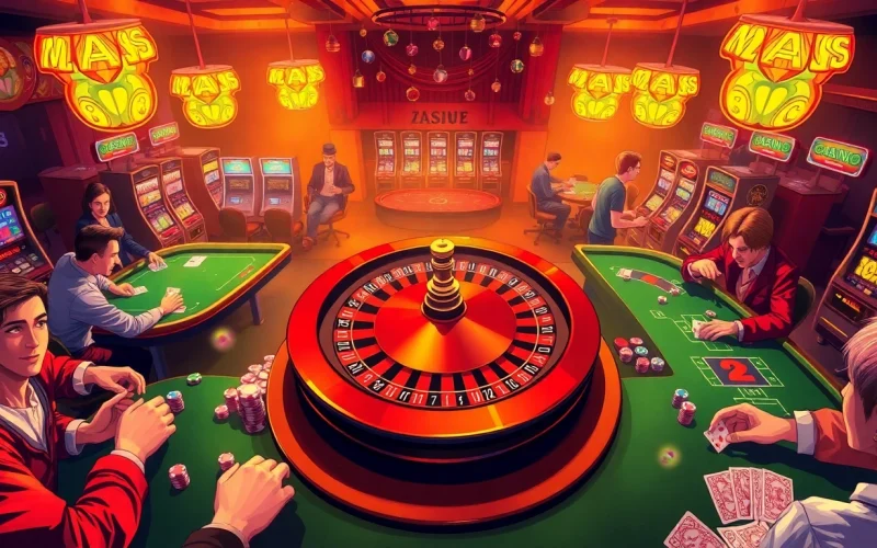 Exciting casino gameplay at 789P with players at poker tables and vibrant slot machines.