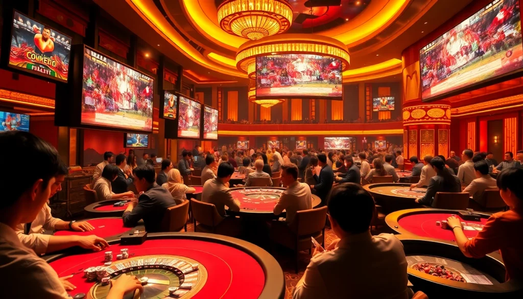 Experience ĐÁ Gà Trực Tiếp live! Watch thrilling cockfights with engaging commentary in a vibrant casino setting.