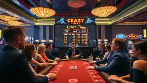 Players actively engaging with the Crazy Time live stats at a vibrant casino table, highlighting the thrill of live gaming.