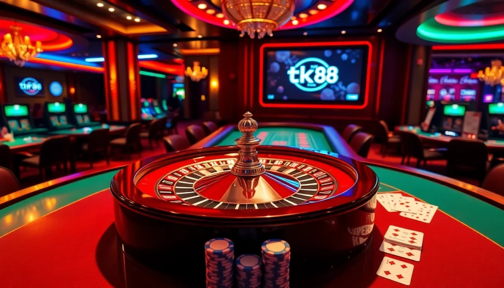 Experience the thrill of winning at Supertkb88 with players at an upscale casino table featuring vibrant roulette and poker action.