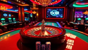 Experience the thrill of winning at Supertkb88 with players at an upscale casino table featuring vibrant roulette and poker action.