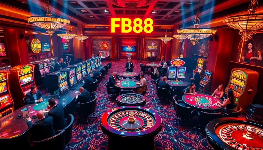 FB88 offers an exhilarating view of casino players enjoying poker and roulette, capturing live gambling action.