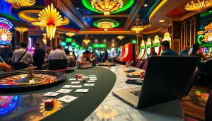 Discover the thrill of winning at hm88 com, featuring a lively poker table and bright slot machines.