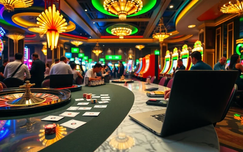 Discover the thrill of winning at hm88 com, featuring a lively poker table and bright slot machines.