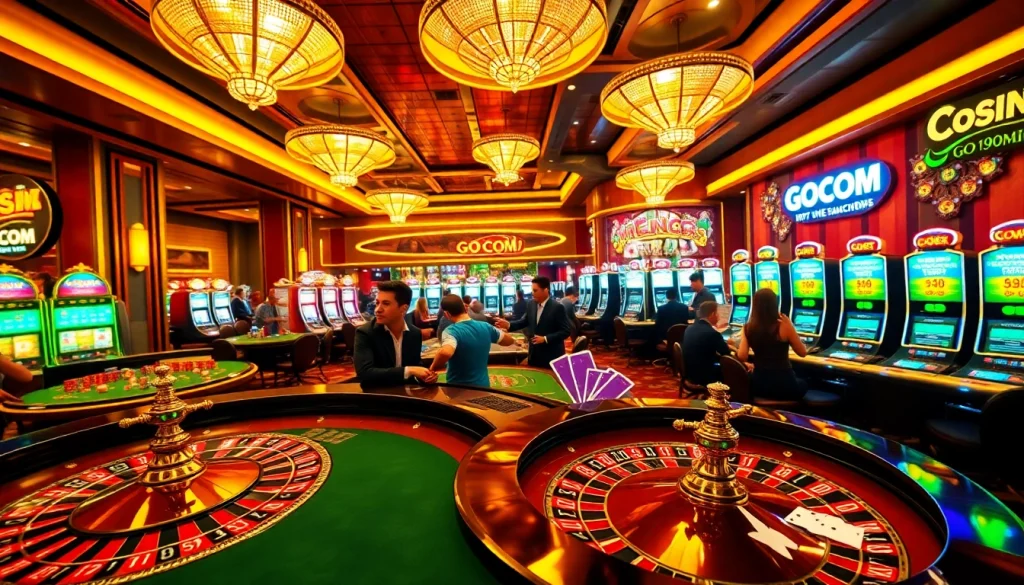 Experience the excitement at a GO99COM casino roulette table bustling with players and vibrant slot machines.