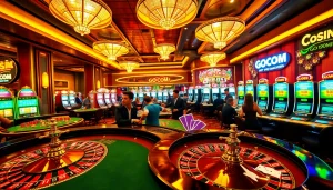 Experience the excitement at a GO99COM casino roulette table bustling with players and vibrant slot machines.