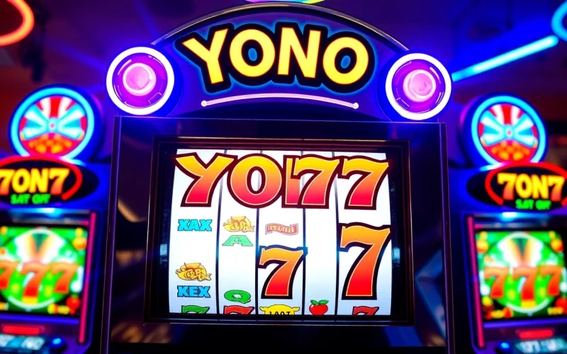 YONO 777 slot machine showcasing intense spinning action with vibrant visuals and player engagement.